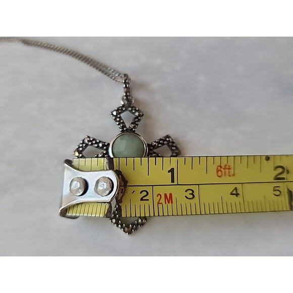 925 Sterling Silver Amazonite Marcasite Cross Pendant Necklace Vintage - Picture 7 of 10